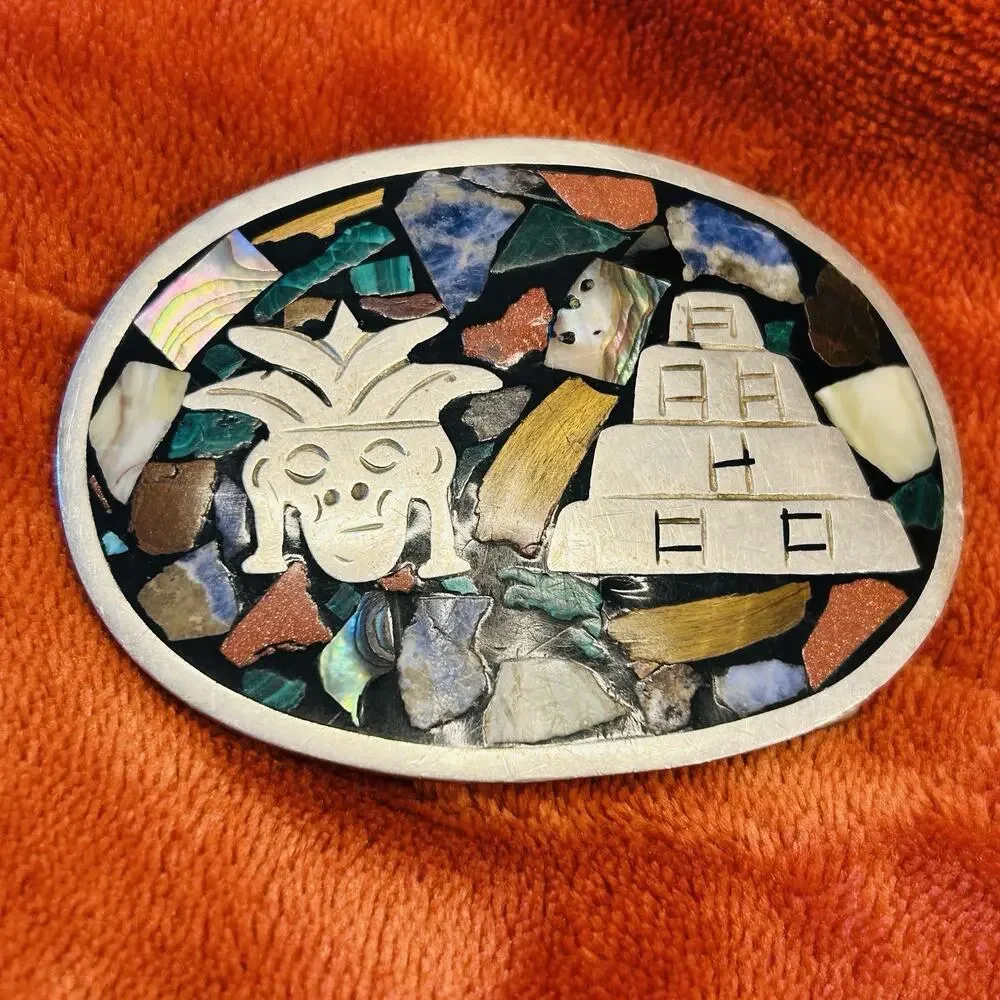 Vintage Mexico Marked 950 Mosaic Inlay Belt Buckle 2.5” Defective Repair